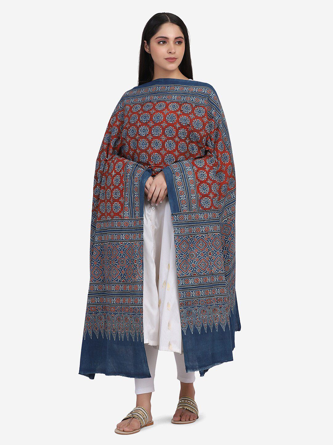 THE WEAVE TRAVELLER Rust & Blue Ethnic Motifs Printed Pure Cotton Block Print Dupatta Price in India