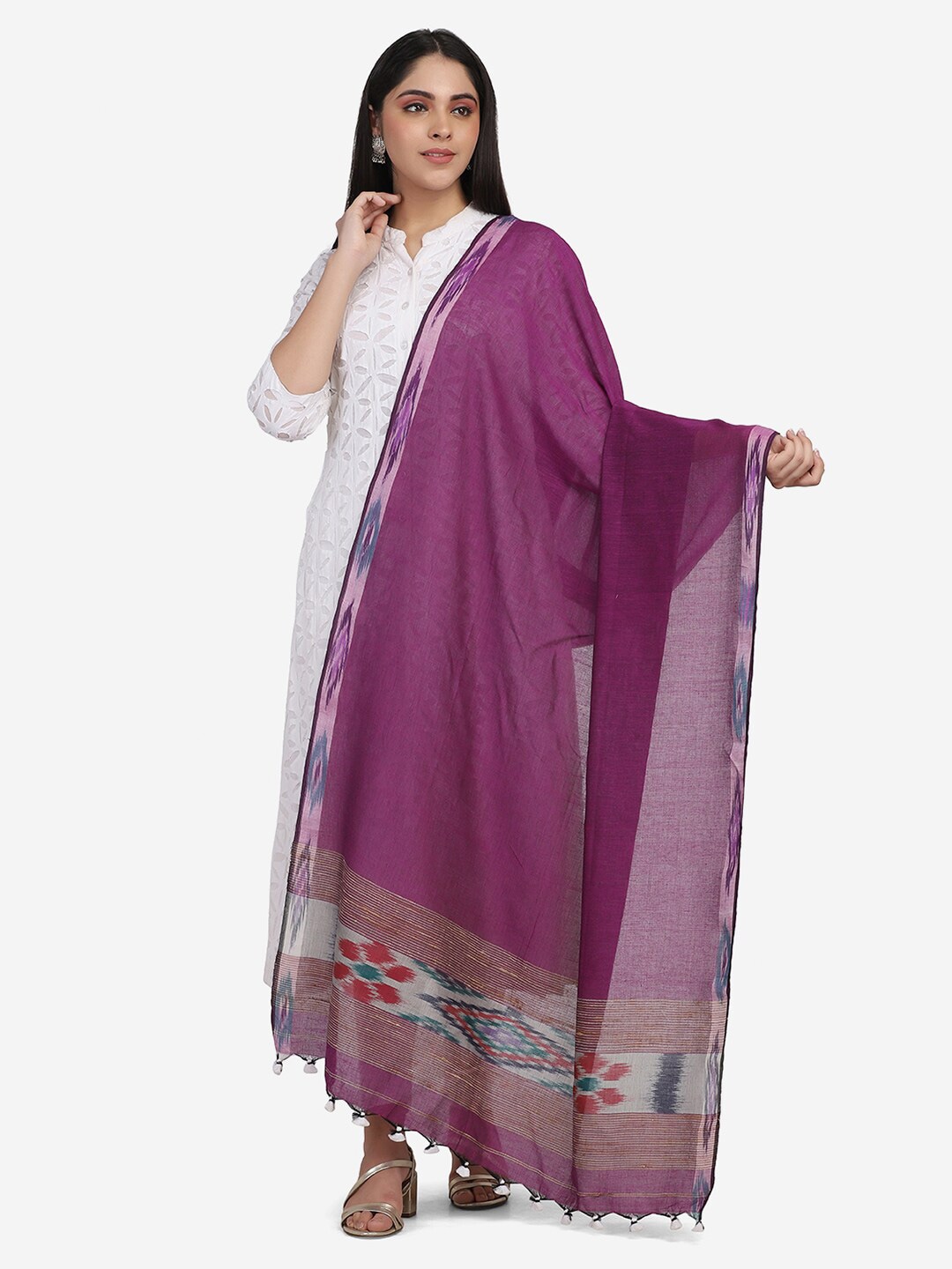 THE WEAVE TRAVELLER Purple & Off White Ethnic Motifs Woven Design Pure Cotton Dupatta Price in India