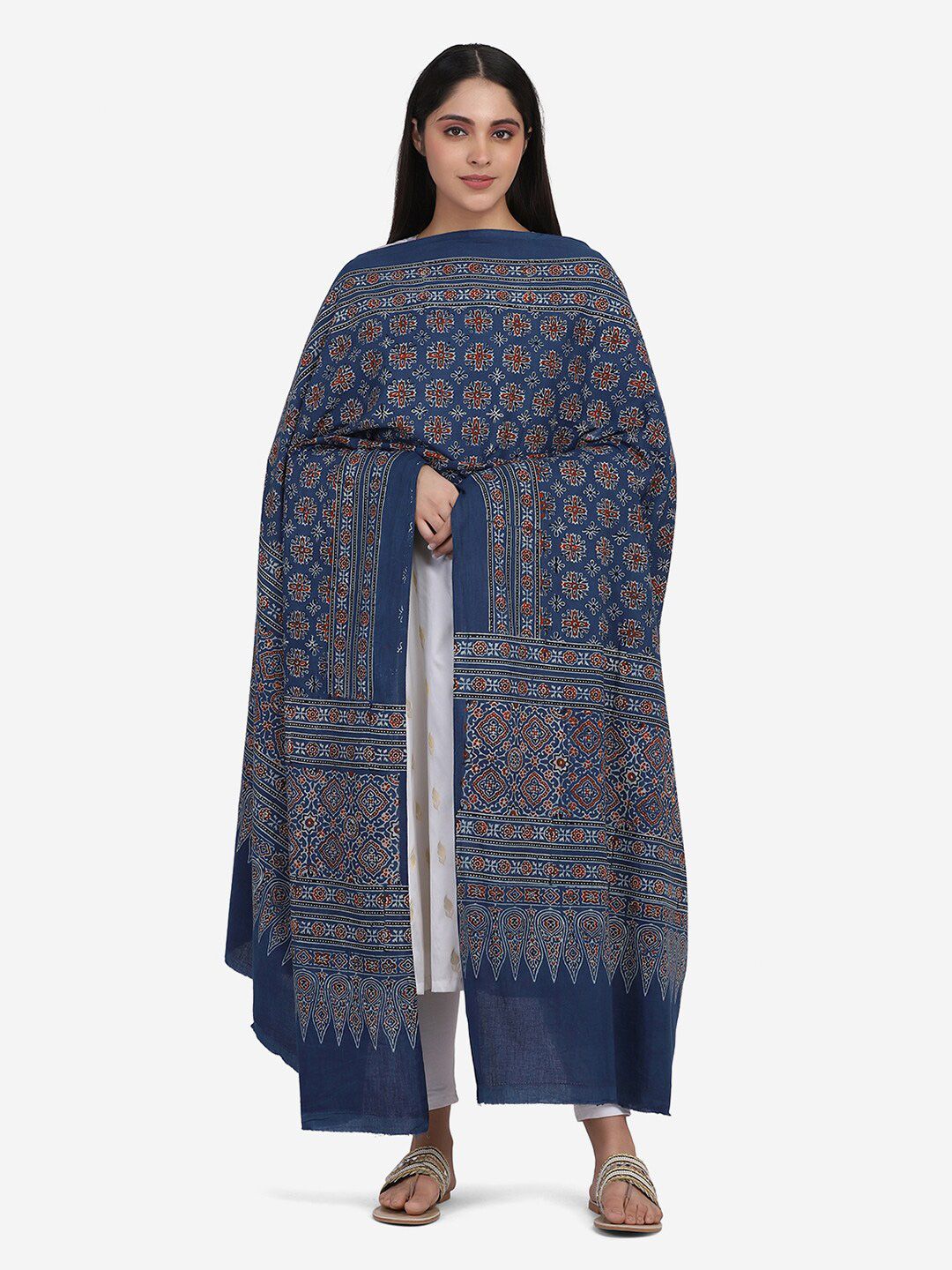 THE WEAVE TRAVELLER Blue & Rust Ethnic Motifs Printed Pure Cotton Block Print Dupatta Price in India