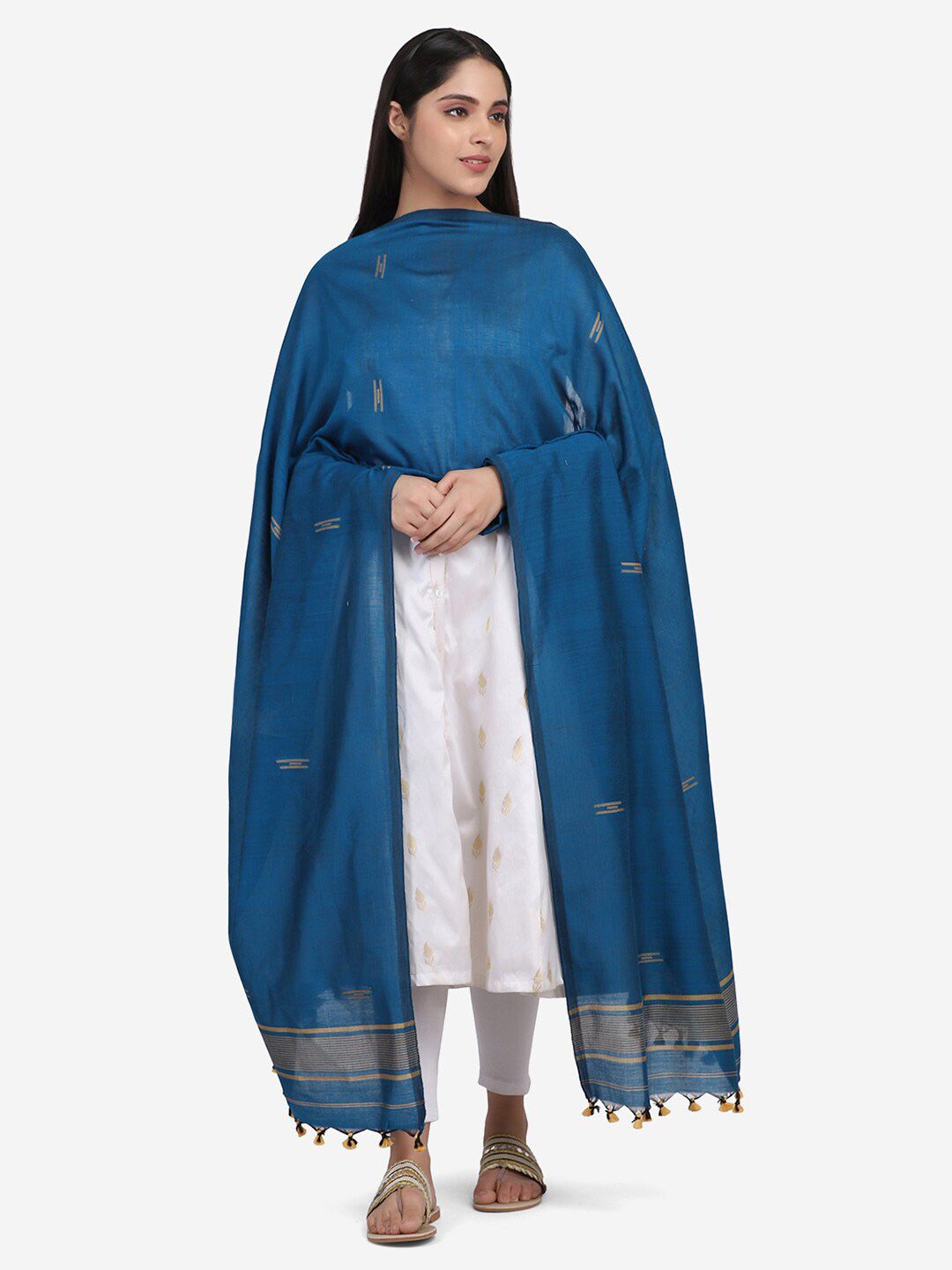 THE WEAVE TRAVELLER Blue & Yellow Woven Design Dupatta Price in India