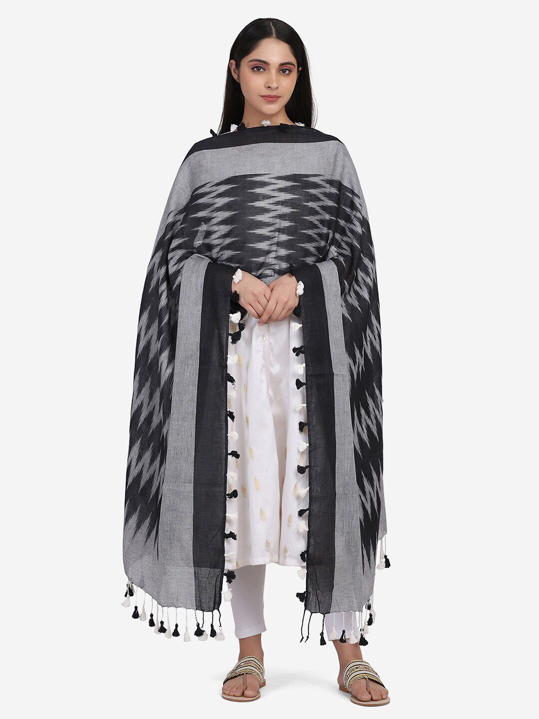 THE WEAVE TRAVELLER Black & Grey Woven Design Pure Cotton Ikat Dupatta Price in India
