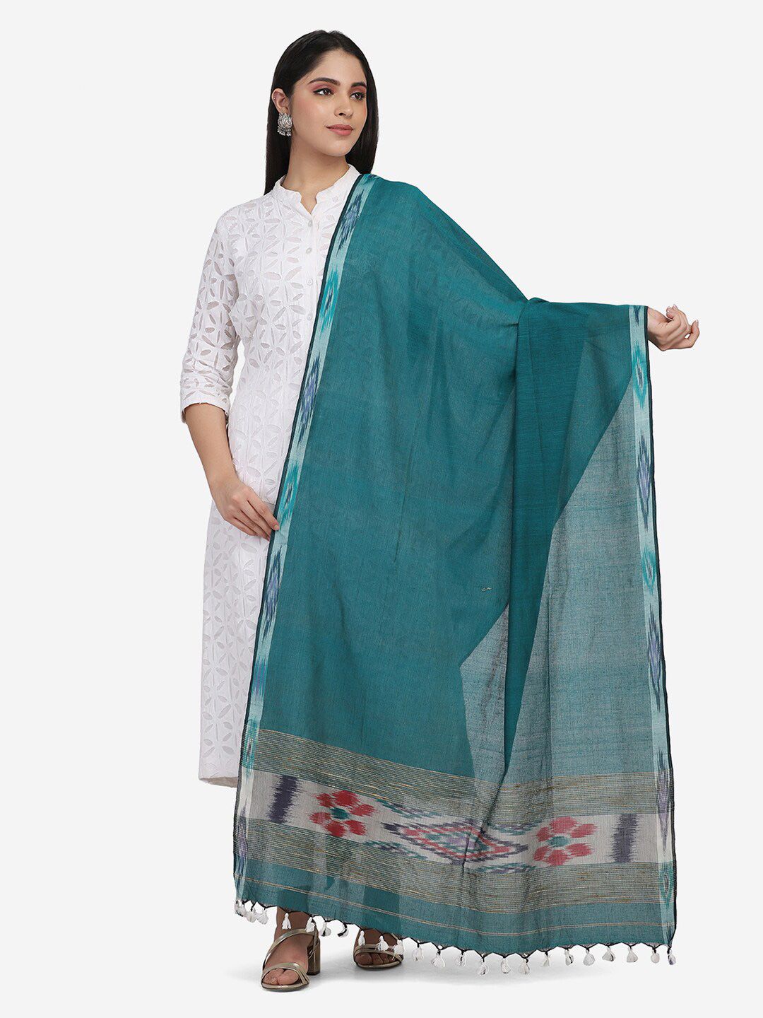 THE WEAVE TRAVELLER Green & Grey Woven Design Pure Cotton Dupatta Price in India