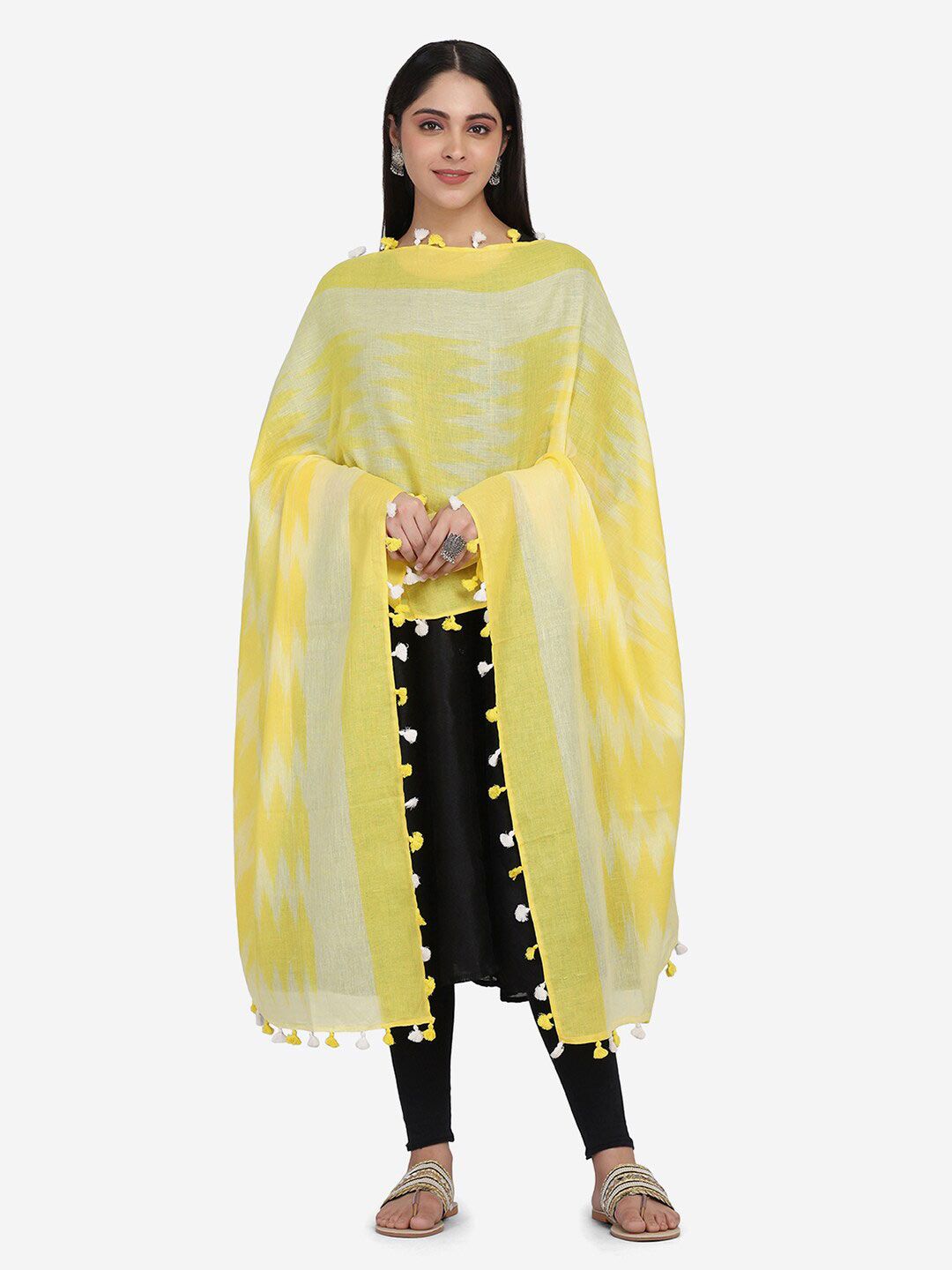 THE WEAVE TRAVELLER Yellow & White Woven Design Pure Cotton Ikat Dupatta Price in India