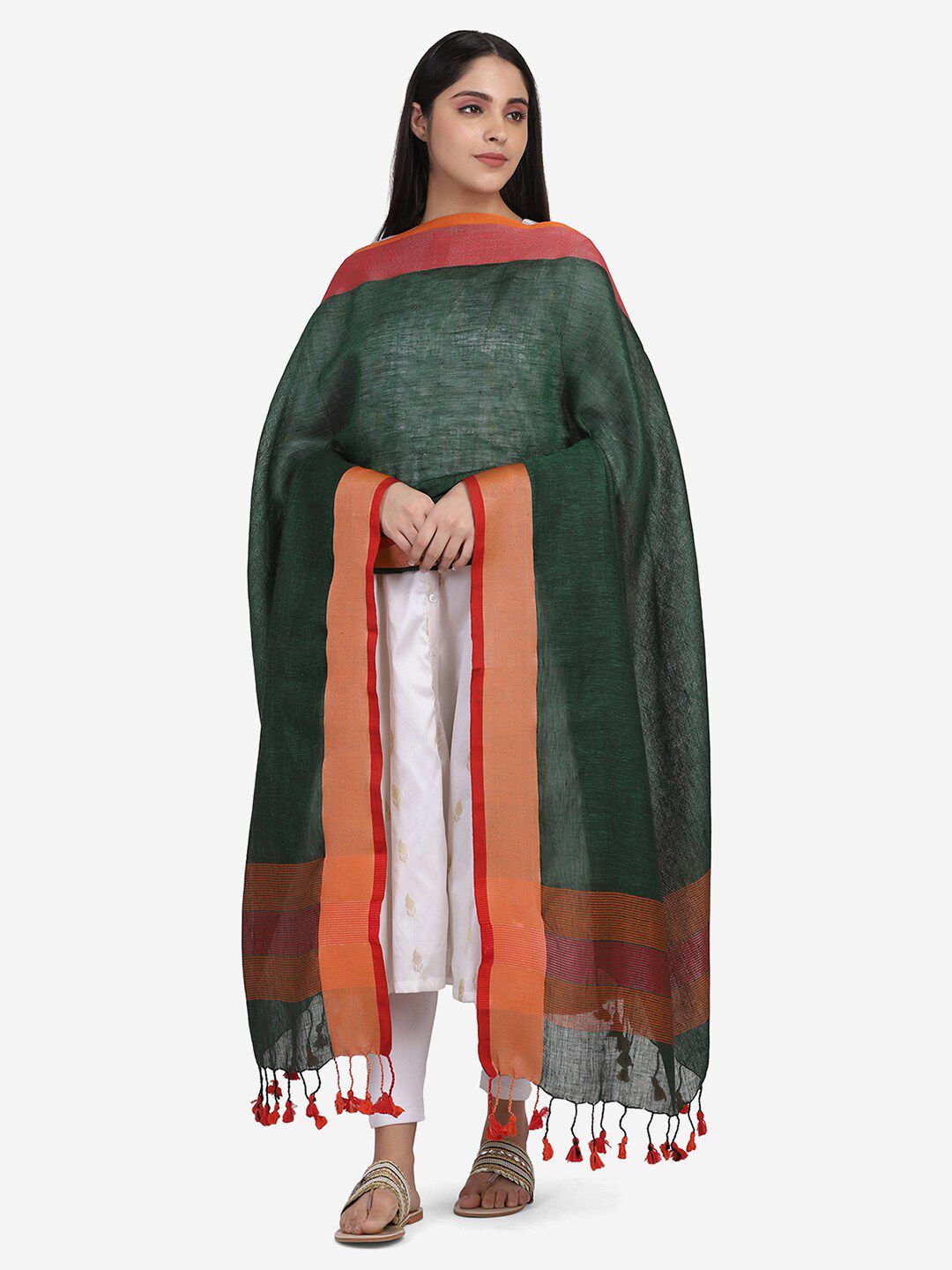 THE WEAVE TRAVELLER Green & Red Linen Dupatta with Zari Price in India