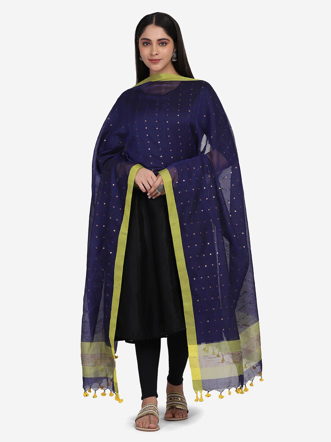 THE WEAVE TRAVELLER Blue & Gold-Toned Woven Design Dupatta with Sequinned