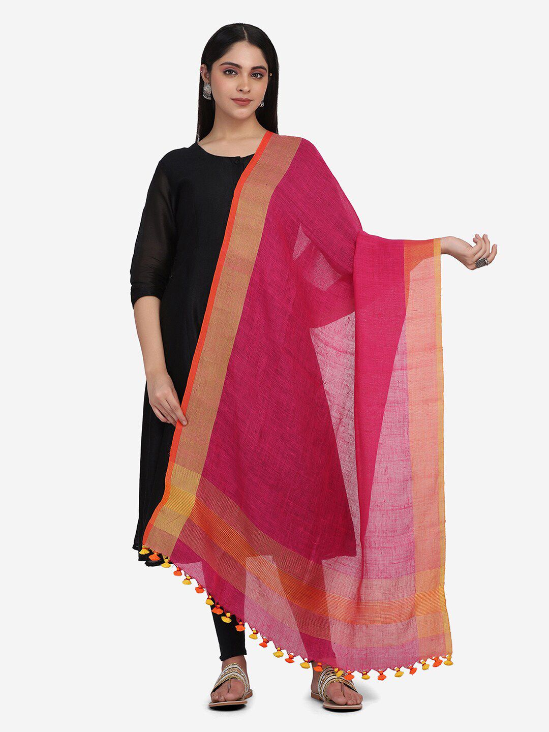 THE WEAVE TRAVELLER Pink & Orange Linen Dupatta with Zari Price in India