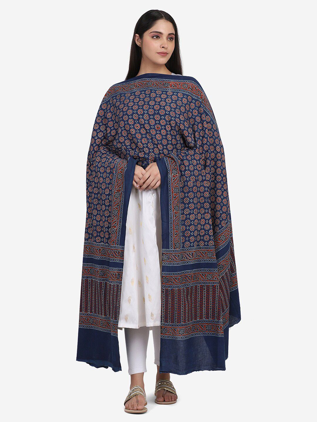 THE WEAVE TRAVELLER Blue & Red Ajrakh Hand Block Printed Pure Cotton Dupatta Price in India