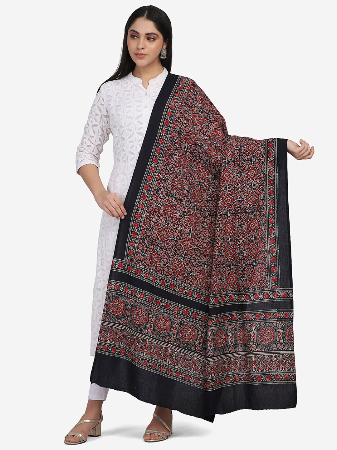 THE WEAVE TRAVELLER Black & Maroon Ajrakh Hand Block Printed Pure Cotton Dupatta Price in India