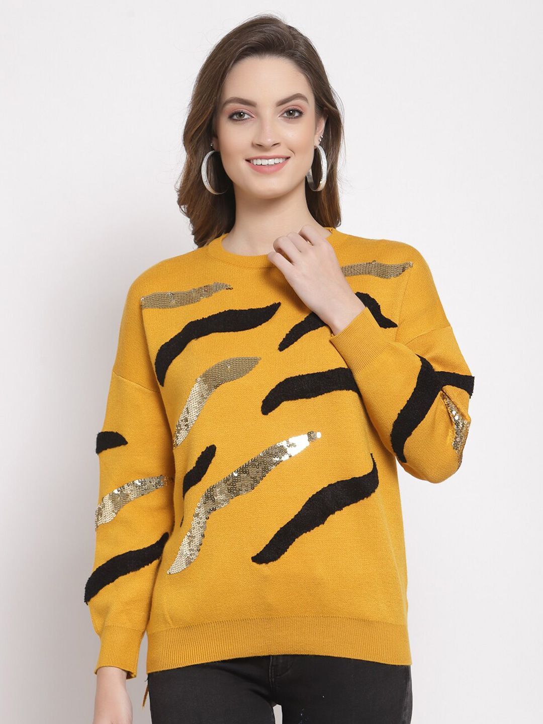 Mafadeny Women Mustard & Black Pullover with Embellished Detail Price in India
