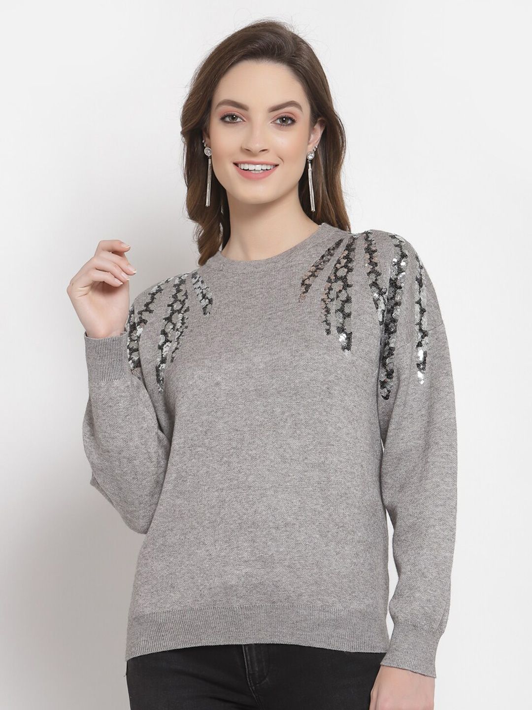 Mafadeny Women Grey & Black Floral Embellished Pullover Price in India