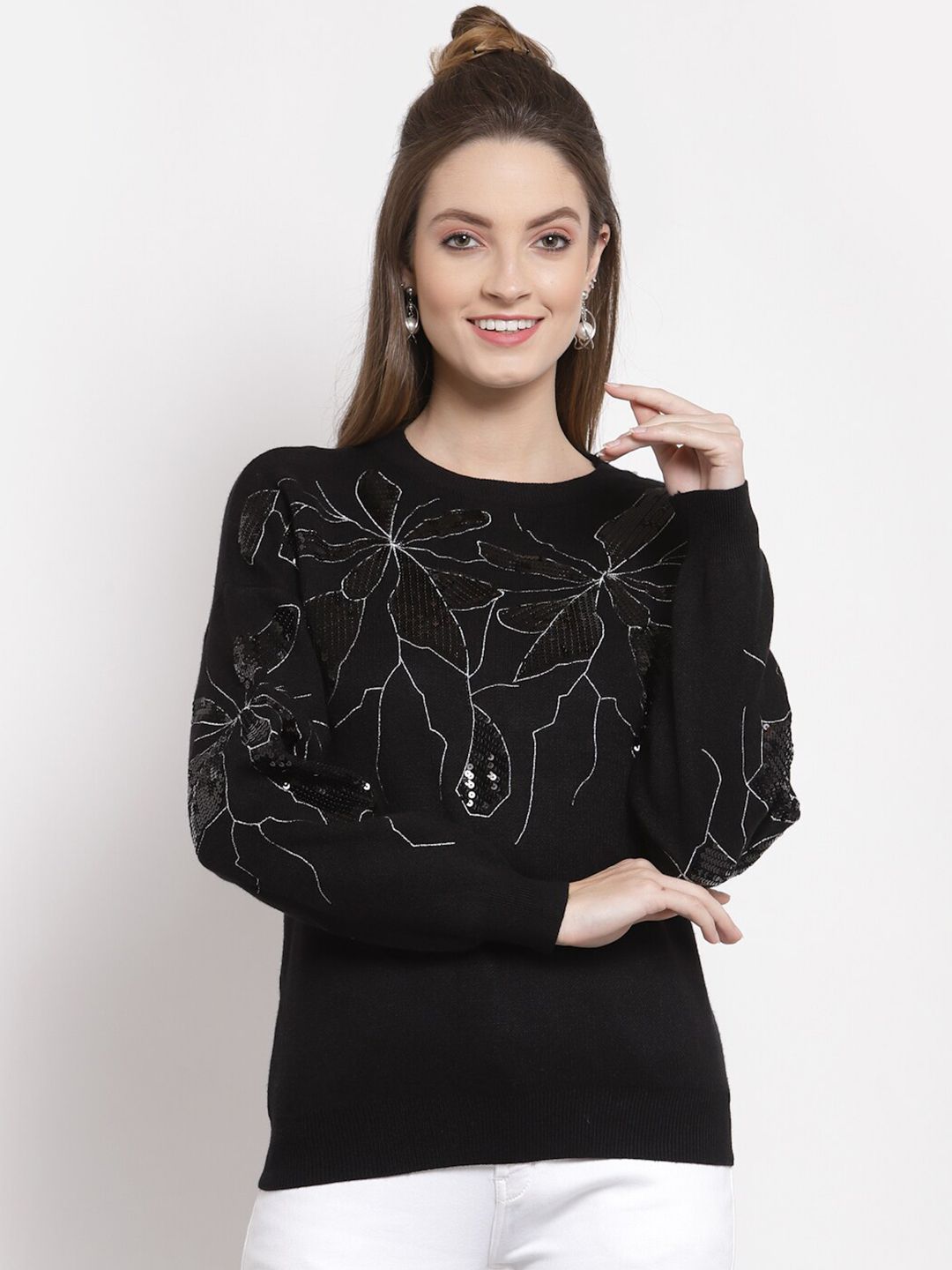 Mafadeny Women Black & White Embroidered Pullover with Embellished Detail Price in India