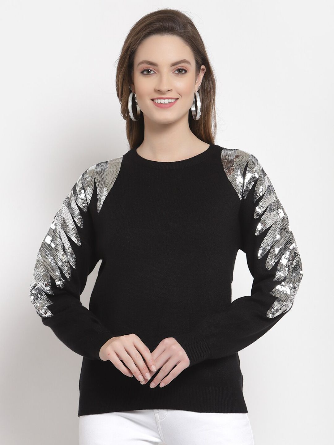 Mafadeny Women Black & Silver-Toned Embellished Pullover Price in India