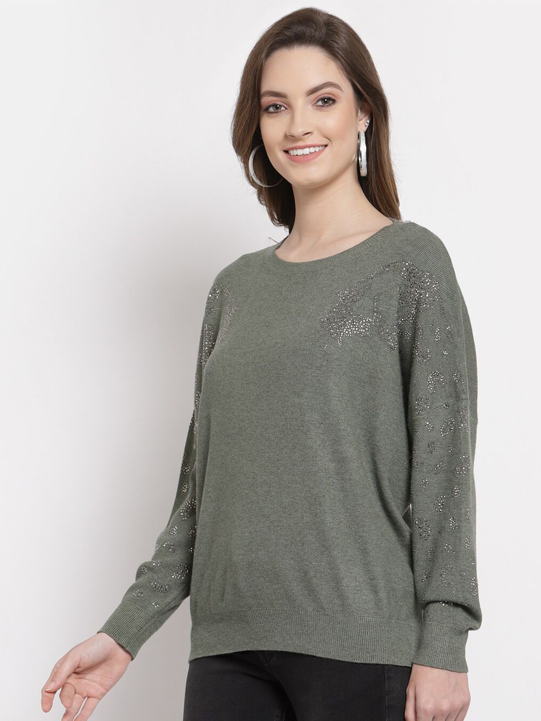 Mafadeny Women Grey Embellished Pullover Price in India