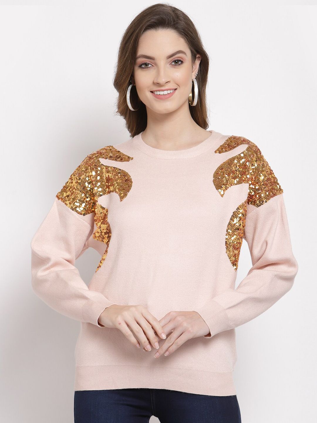 Mafadeny Women Pink & Gold-Toned Embellished Pullover Price in India
