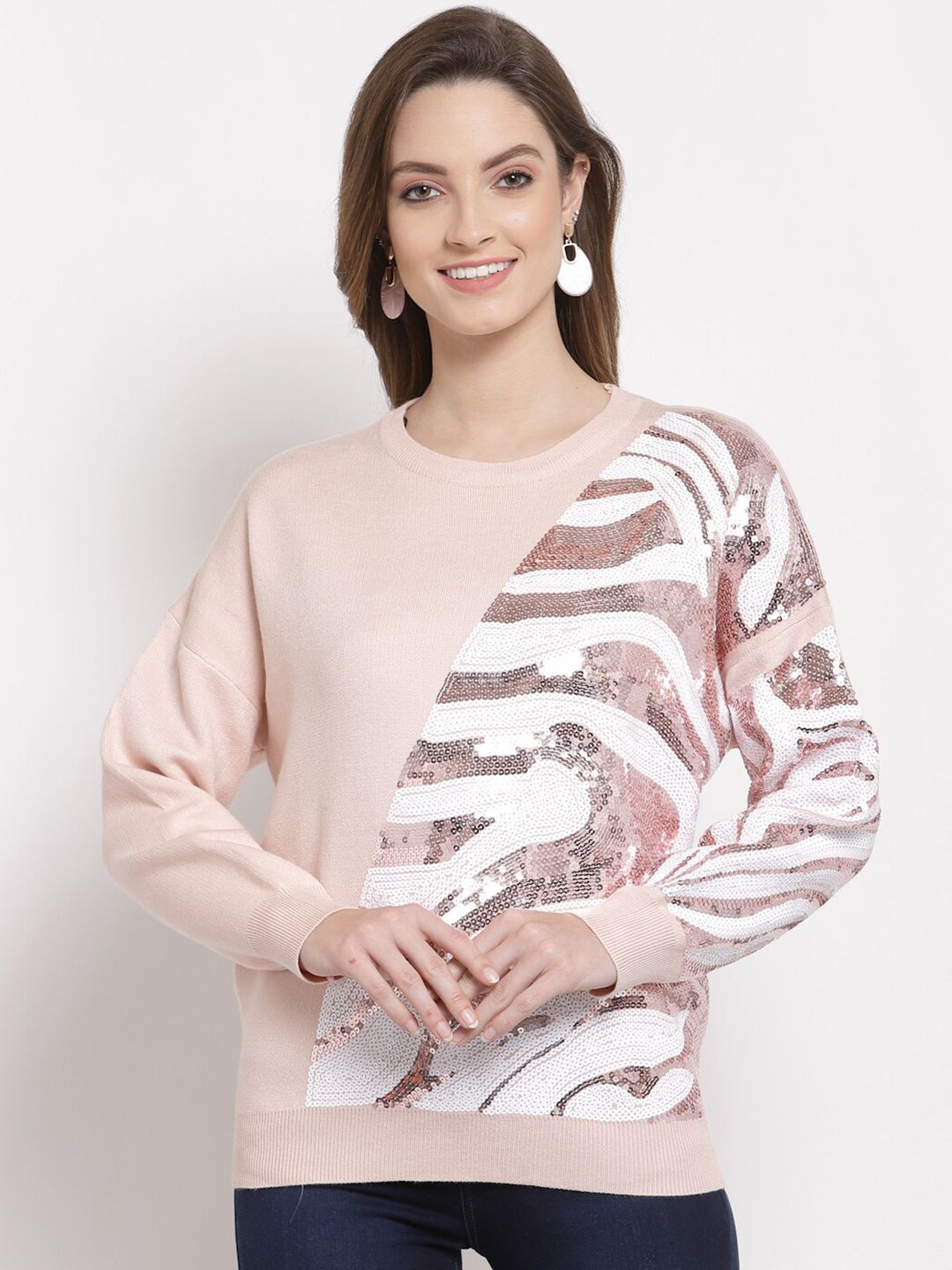 Mafadeny Women Peach-Coloured & White Embellished Pullover Price in India