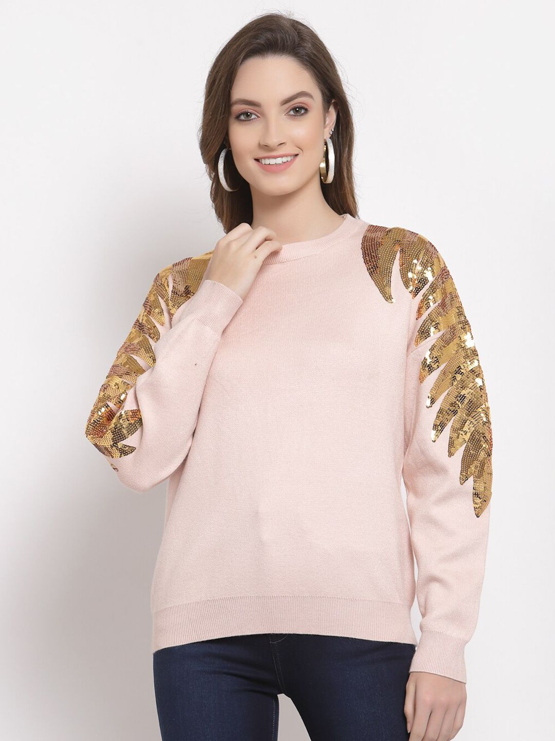 Mafadeny Women Peach-Coloured & Gold-Toned Embellished Pullover Price in India