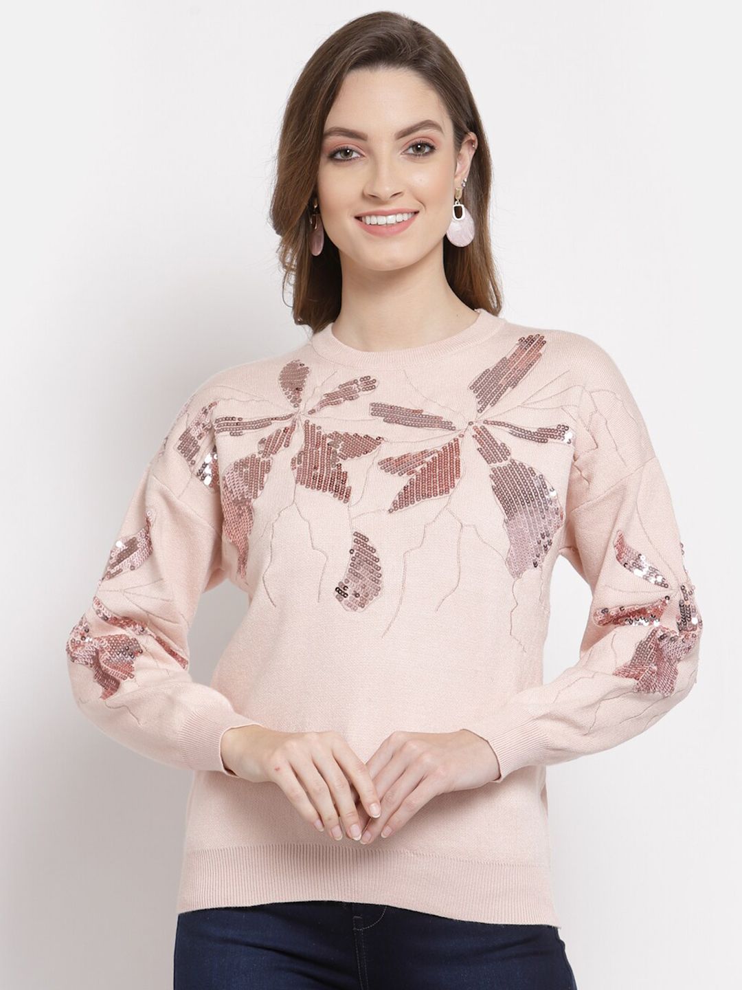 Mafadeny Women Peach-Coloured Floral Embellished Pullover Price in India