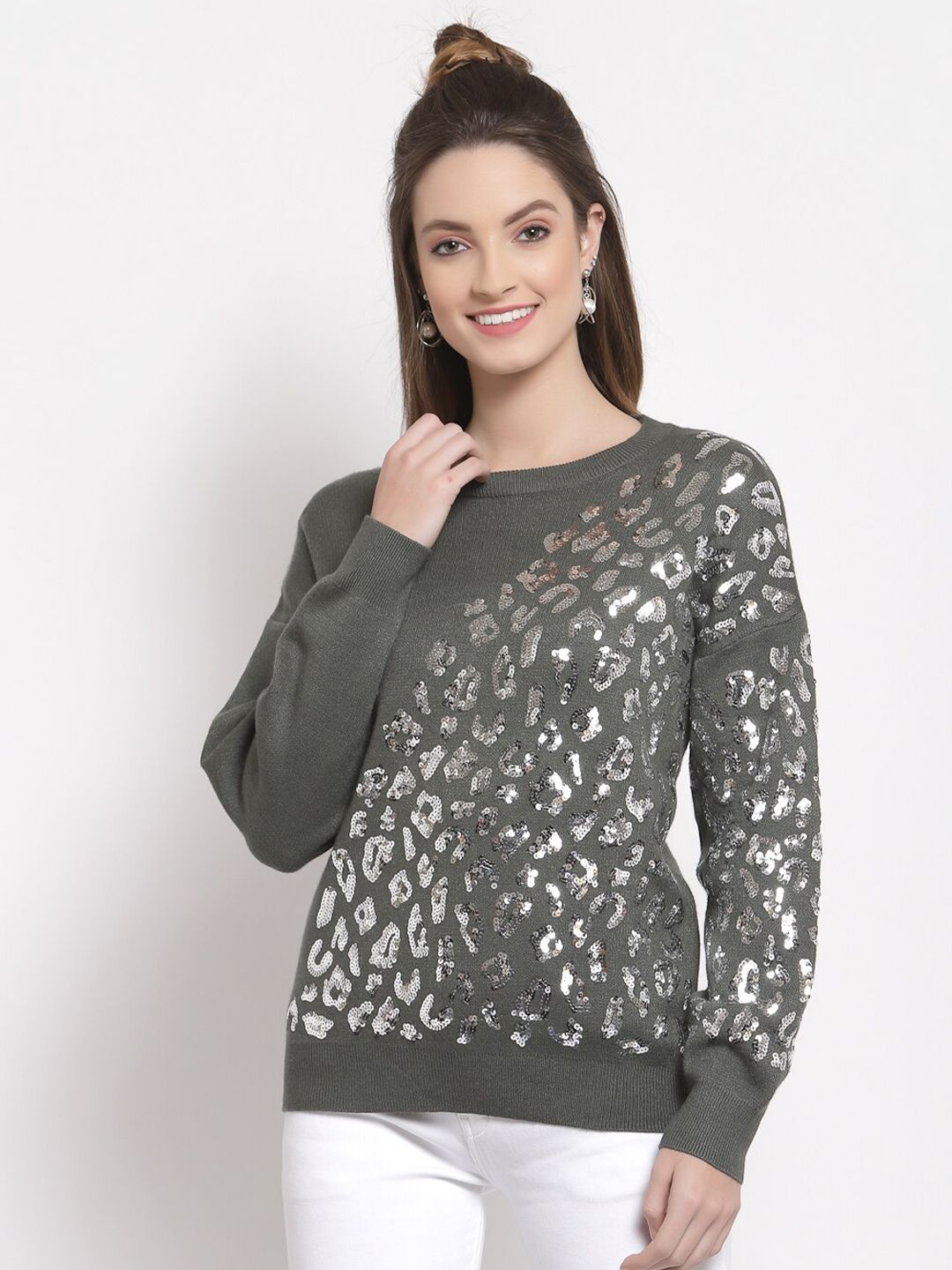 Mafadeny Women Green & Silver-Toned Embellished Pullover Price in India