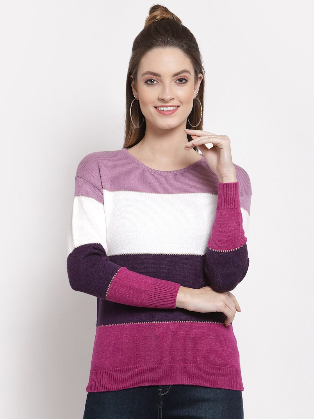 Mafadeny Women White & Purple Colourblocked Pullover Price in India