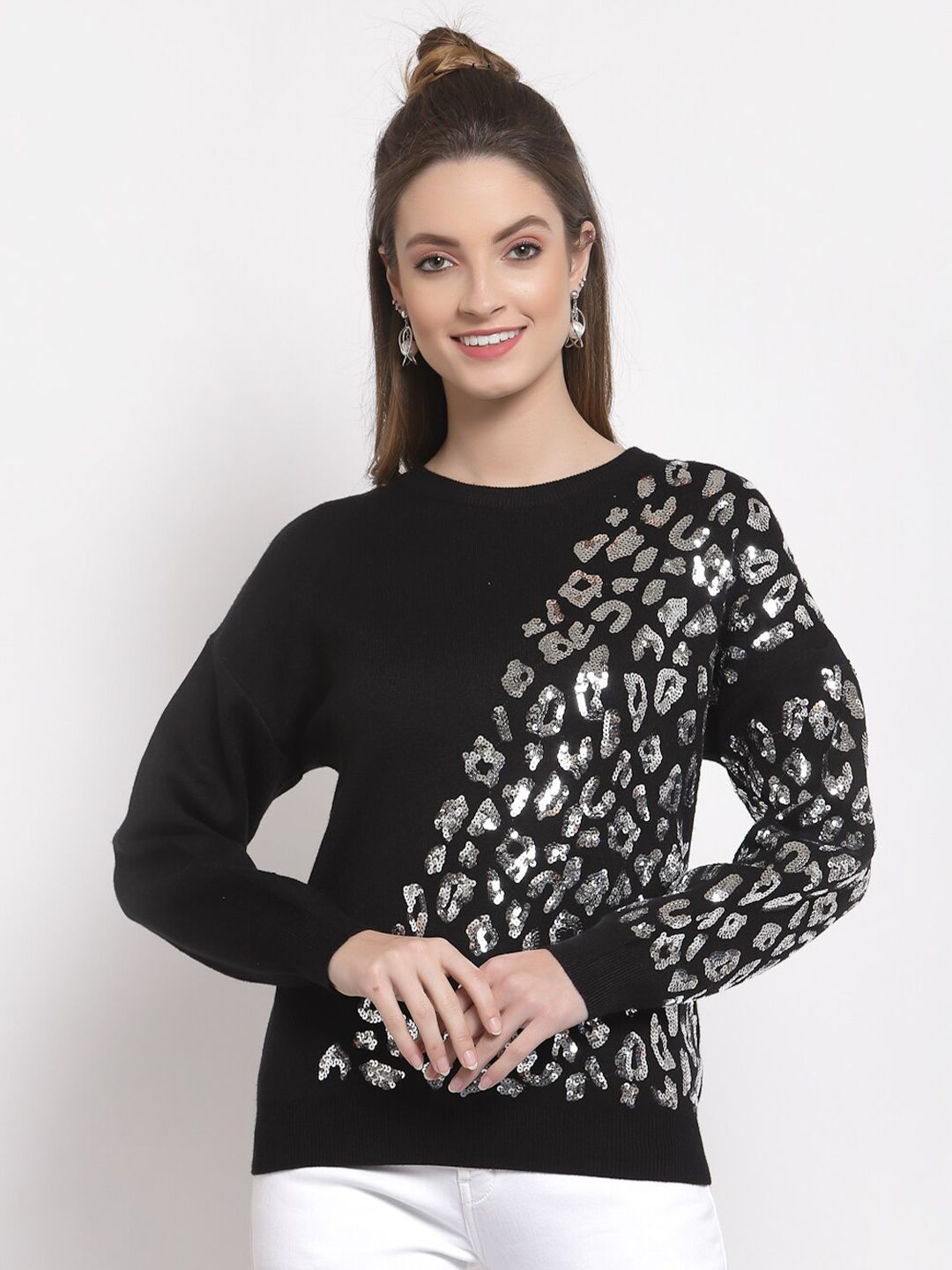 Mafadeny Women Black & Silver-Toned Embellished Pullover Price in India