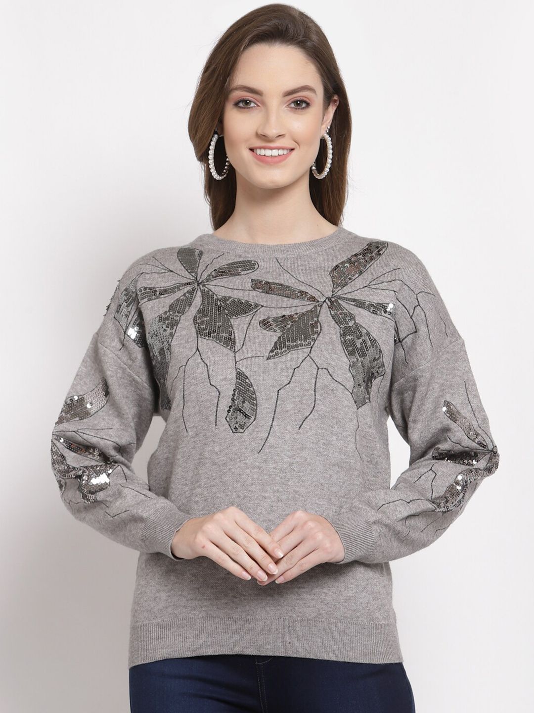 Mafadeny Women Grey Floral Embellished Pullover Price in India