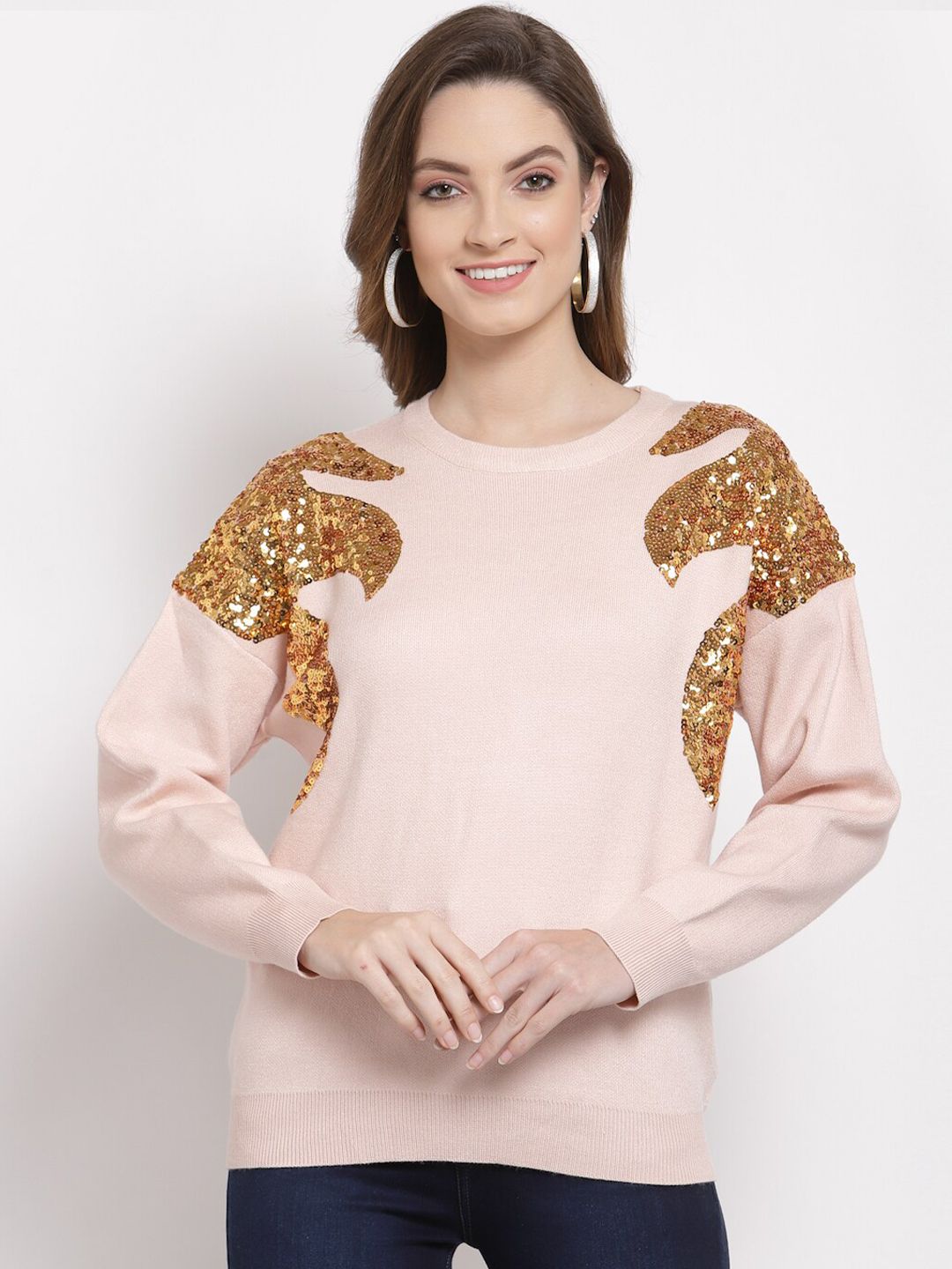 Mafadeny Women Peach-Coloured & Gold-Toned Embellished Pullover Price in India