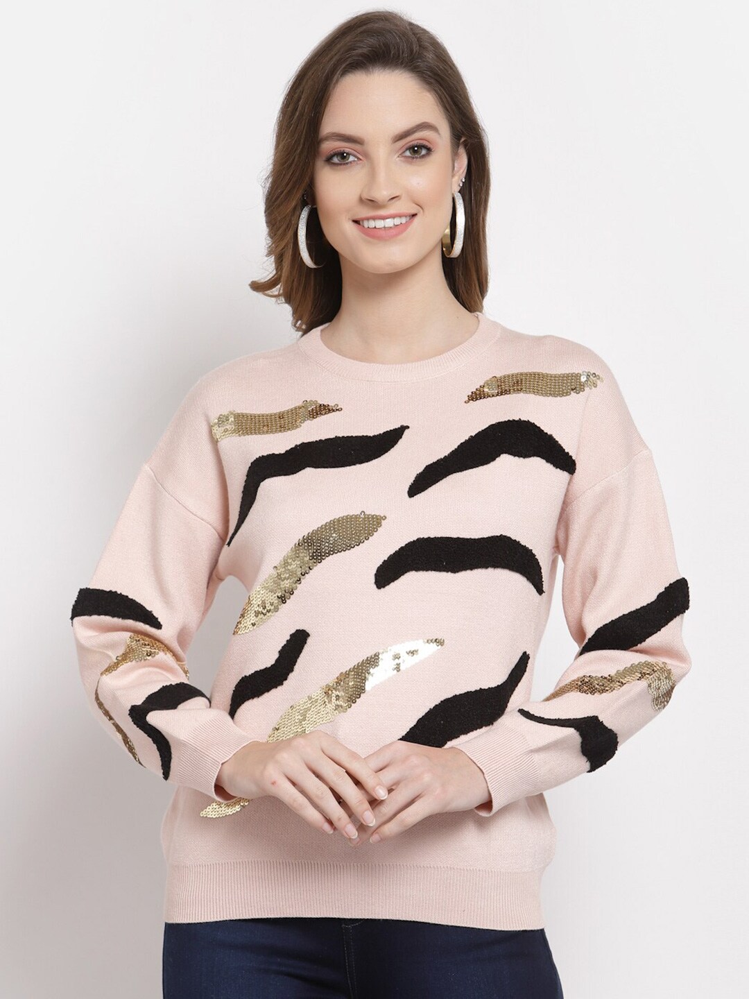 Mafadeny Women Peach-Coloured & Black Pullover with Embellished Detail Price in India