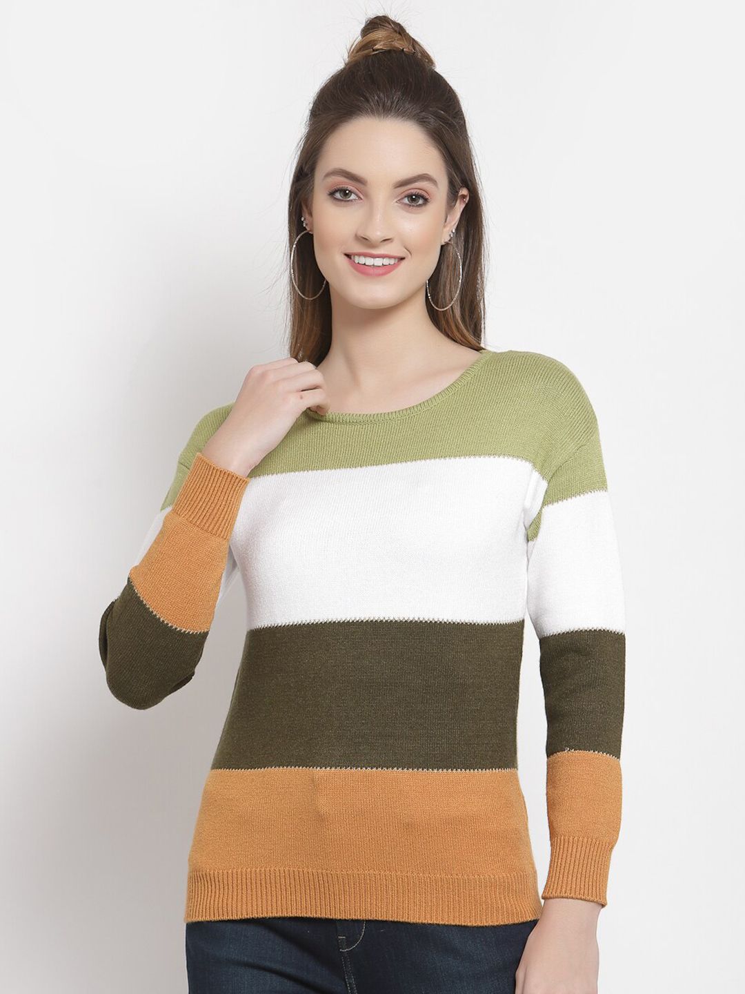 Mafadeny Women White & Orange Colourblocked Pullover Price in India