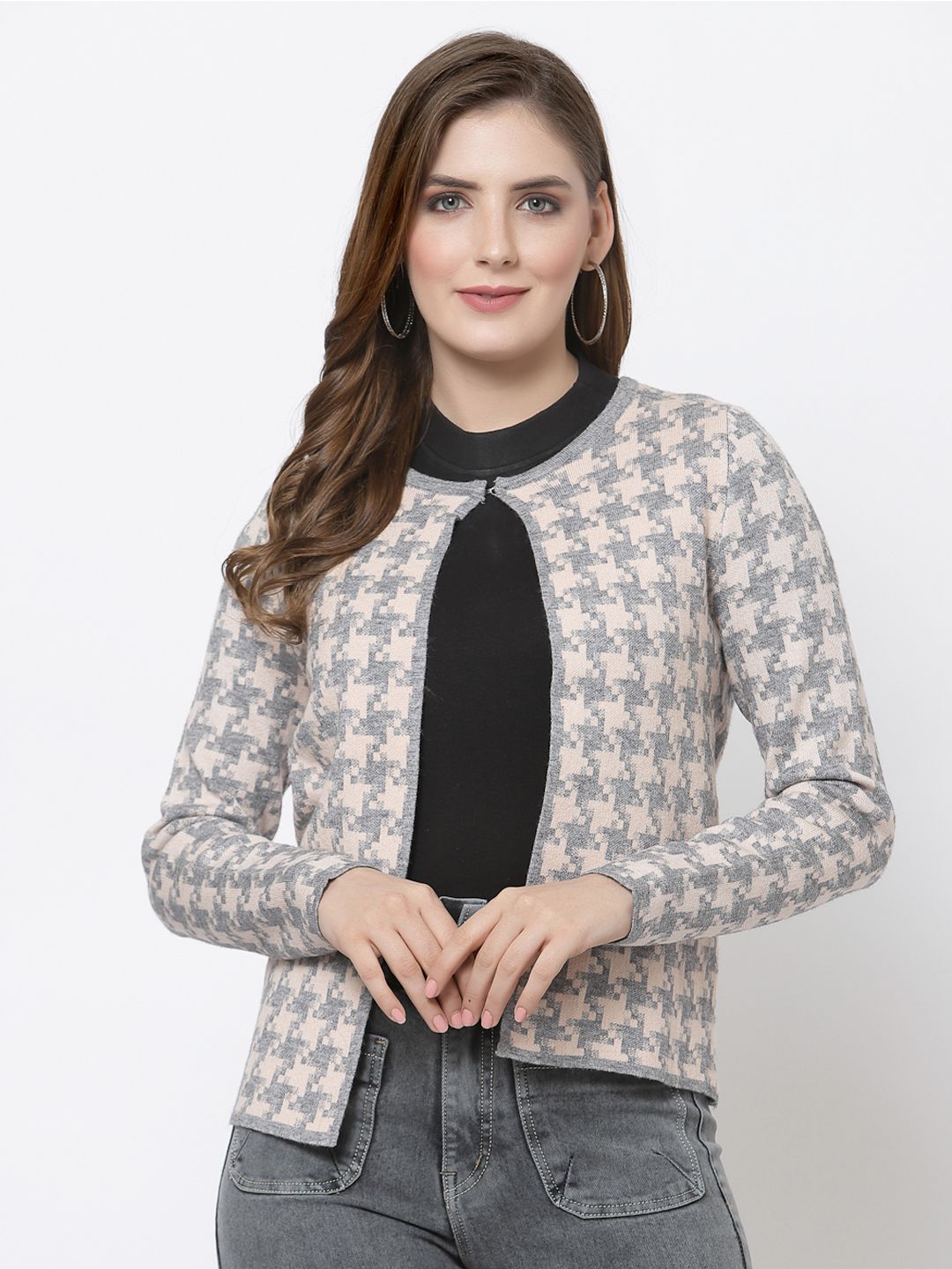 Mafadeny Women Peach-Coloured & Grey Geometric Self Design Open Front Shrug