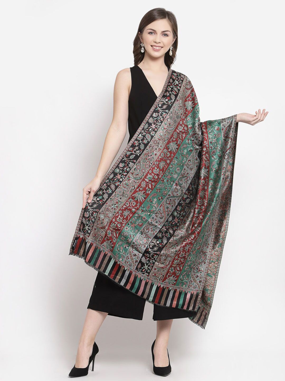 Pashtush Women Grey & Green Woven Design Stole Price in India