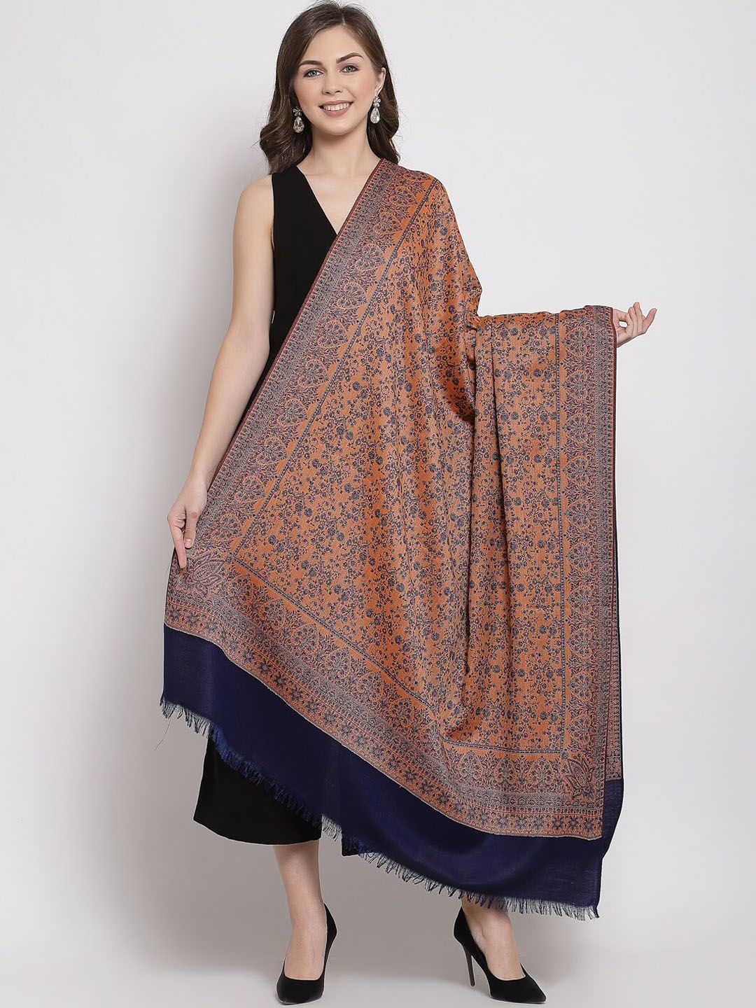 Pashtush Women Navy Blue & Peach-Coloured Woven Design Shawl Price in India