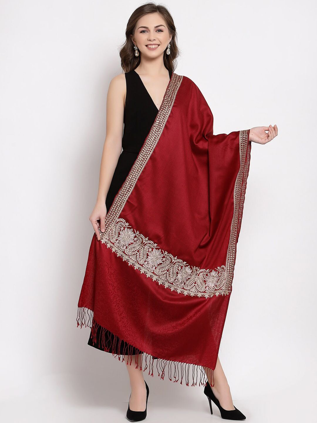 Pashtush Women Maroon & Silver-Toned Embroidered Stole Price in India