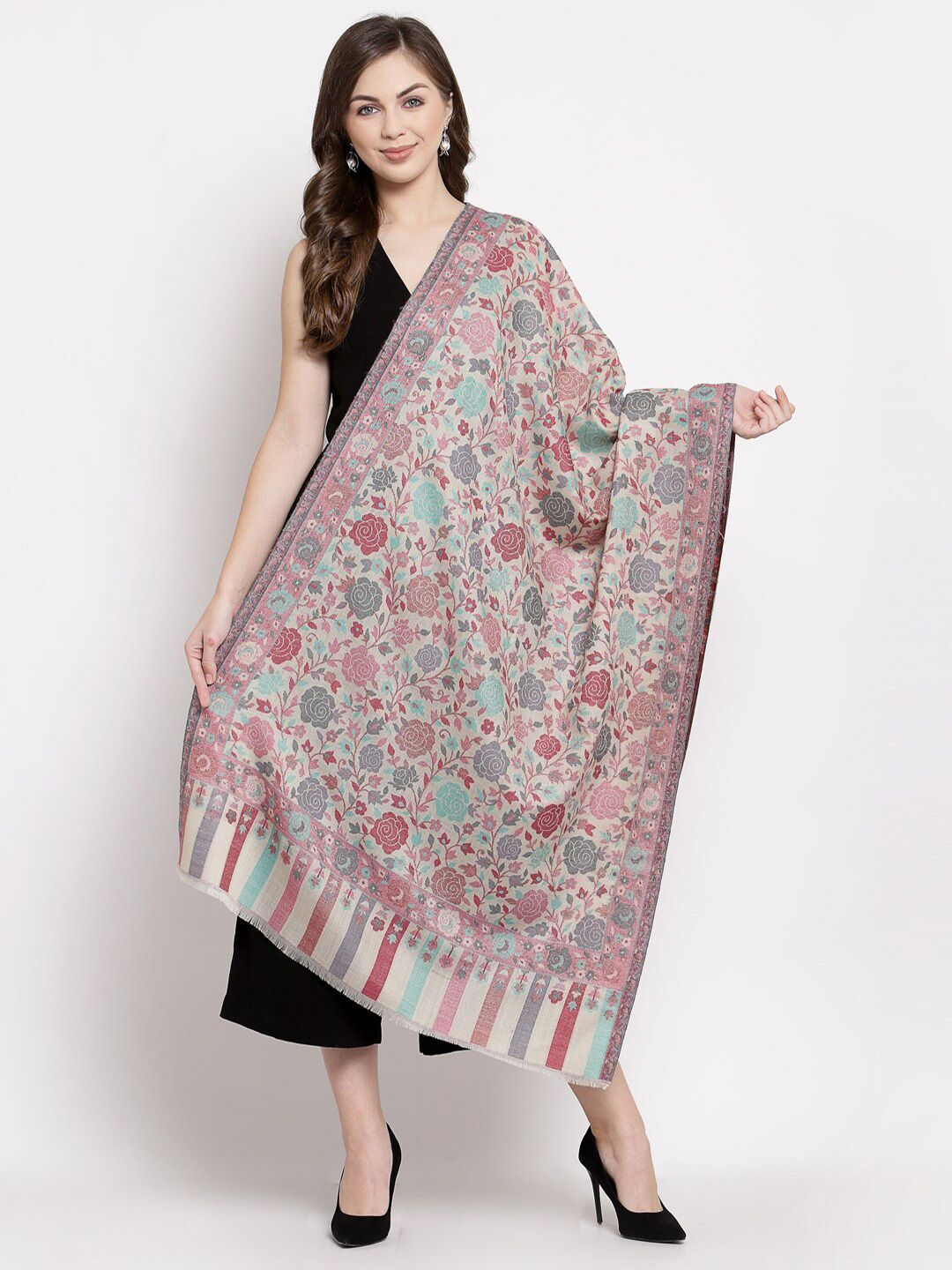 Pashtush Women Peach-Coloured & Red Woven Design Stole Price in India