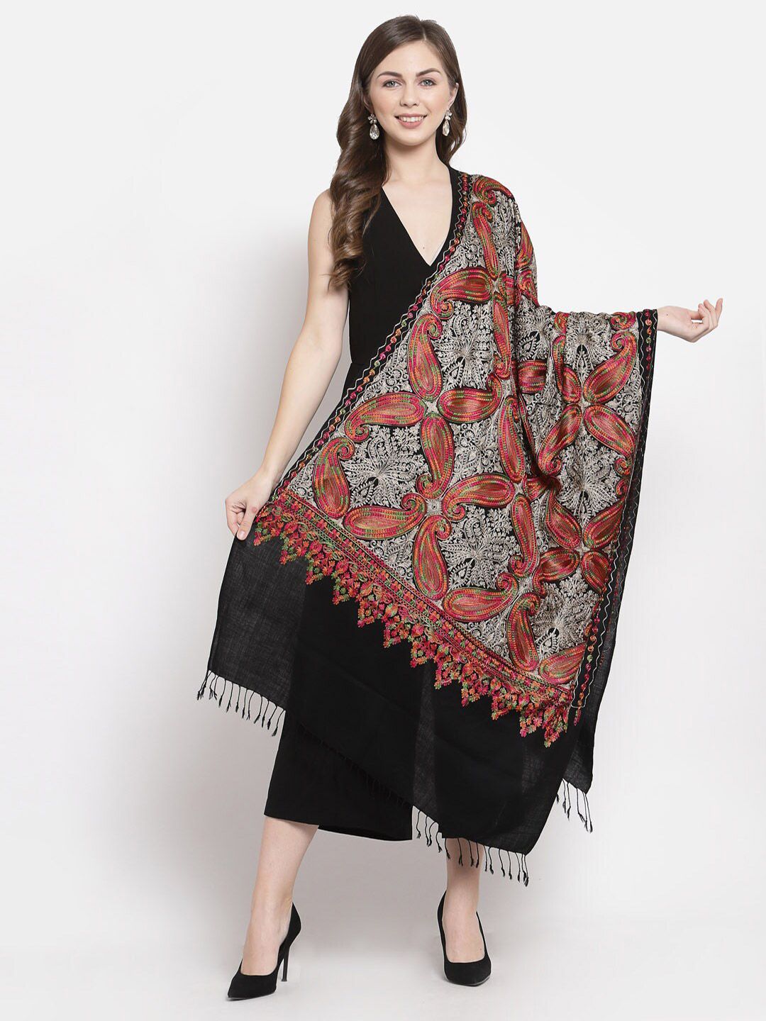 Pashtush Women Black & Pink Embroidered Stole Price in India