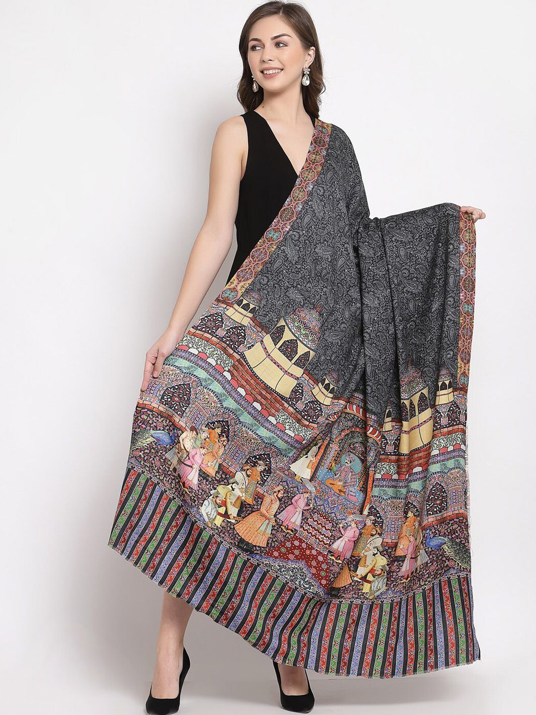 Pashtush Women Black & Beige Woven Design Shawl Price in India