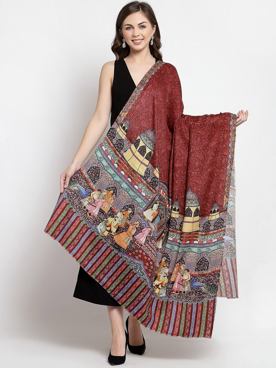Pashtush Women Maroon & Cream-Coloured Printed Shawl Price in India