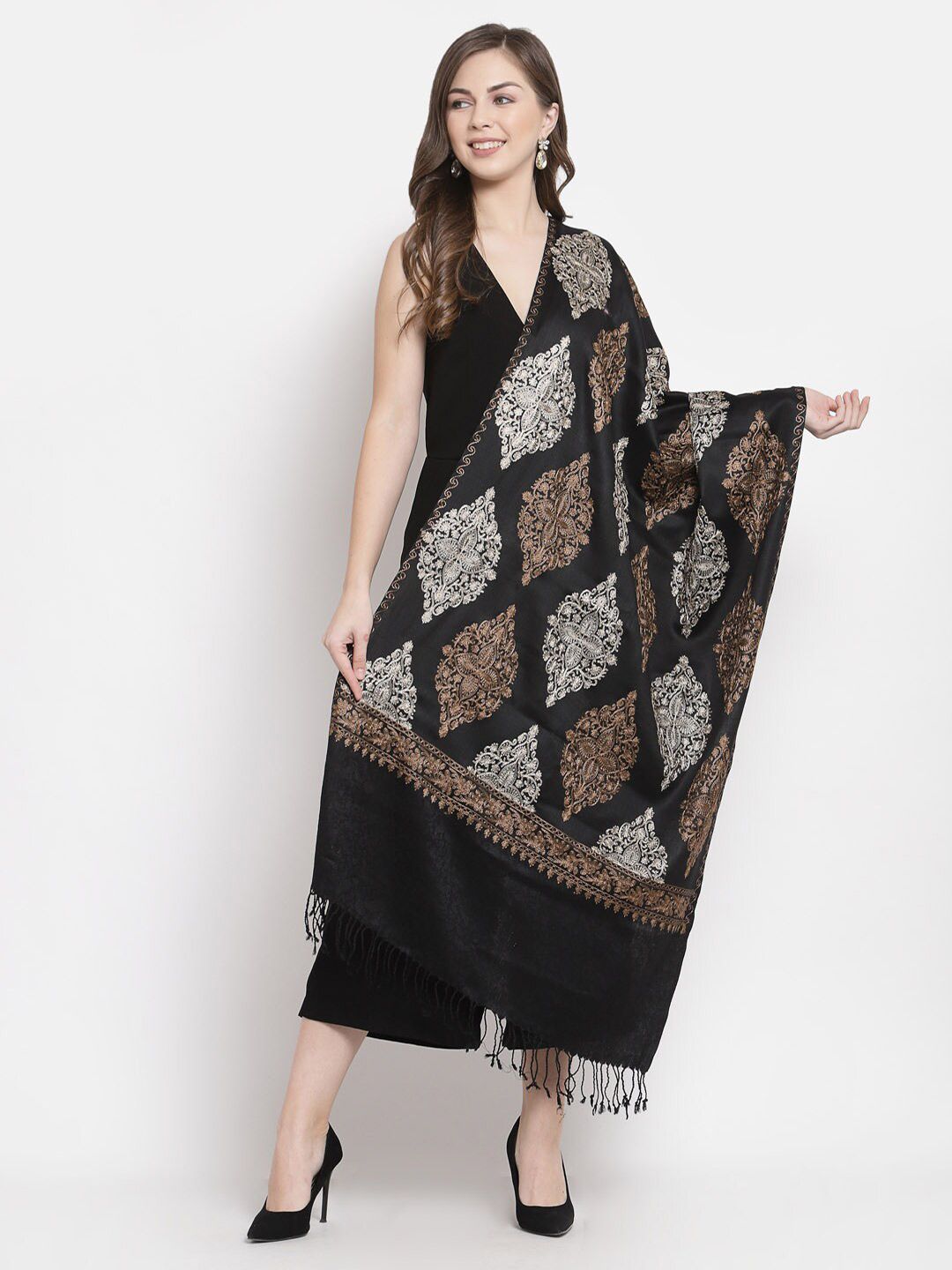 Pashtush Women Black & Silver-Toned Embroidered Stole Price in India