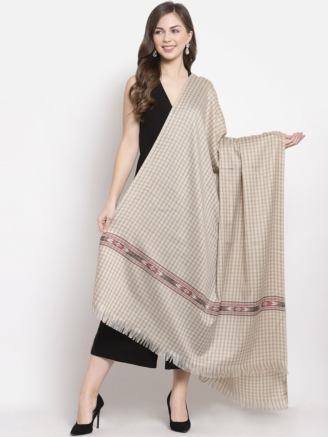 Pashtush Women Beige & Brown Checked Shawl Price in India