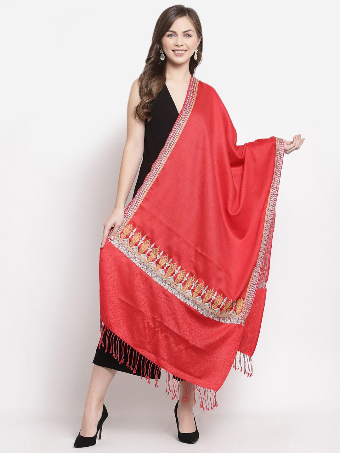 Pashtush Women Red & Grey Embroidered Stole Price in India