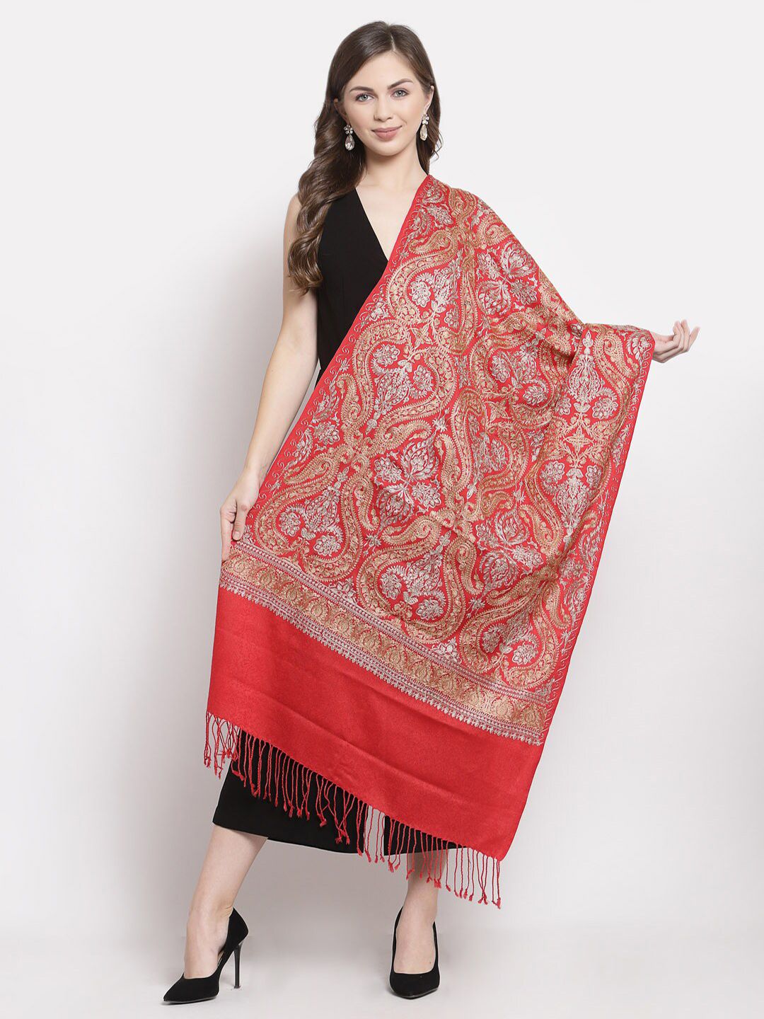 Pashtush Women Red & Grey Embroidered Stole Price in India