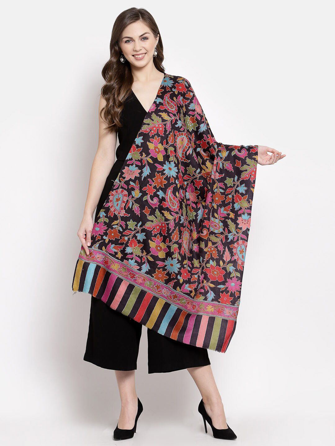 Pashtush Women Black & Pink Printed Stole Price in India