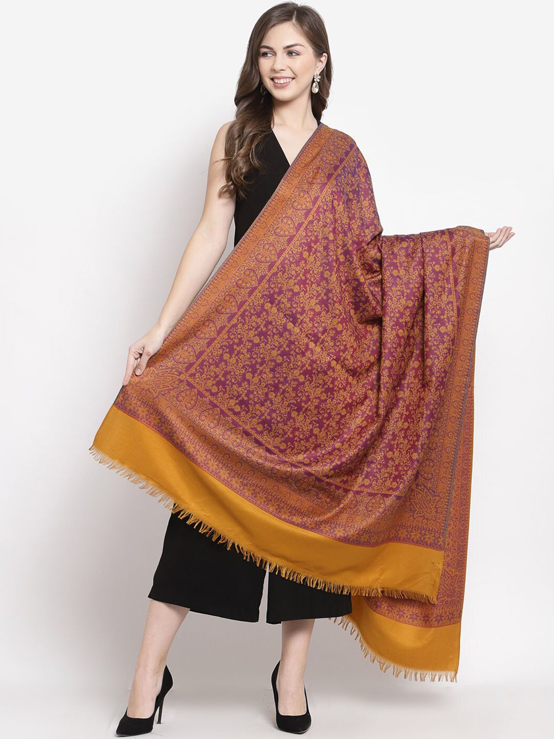Pashtush Women Yellow & Brown Woven Design Shawl Price in India