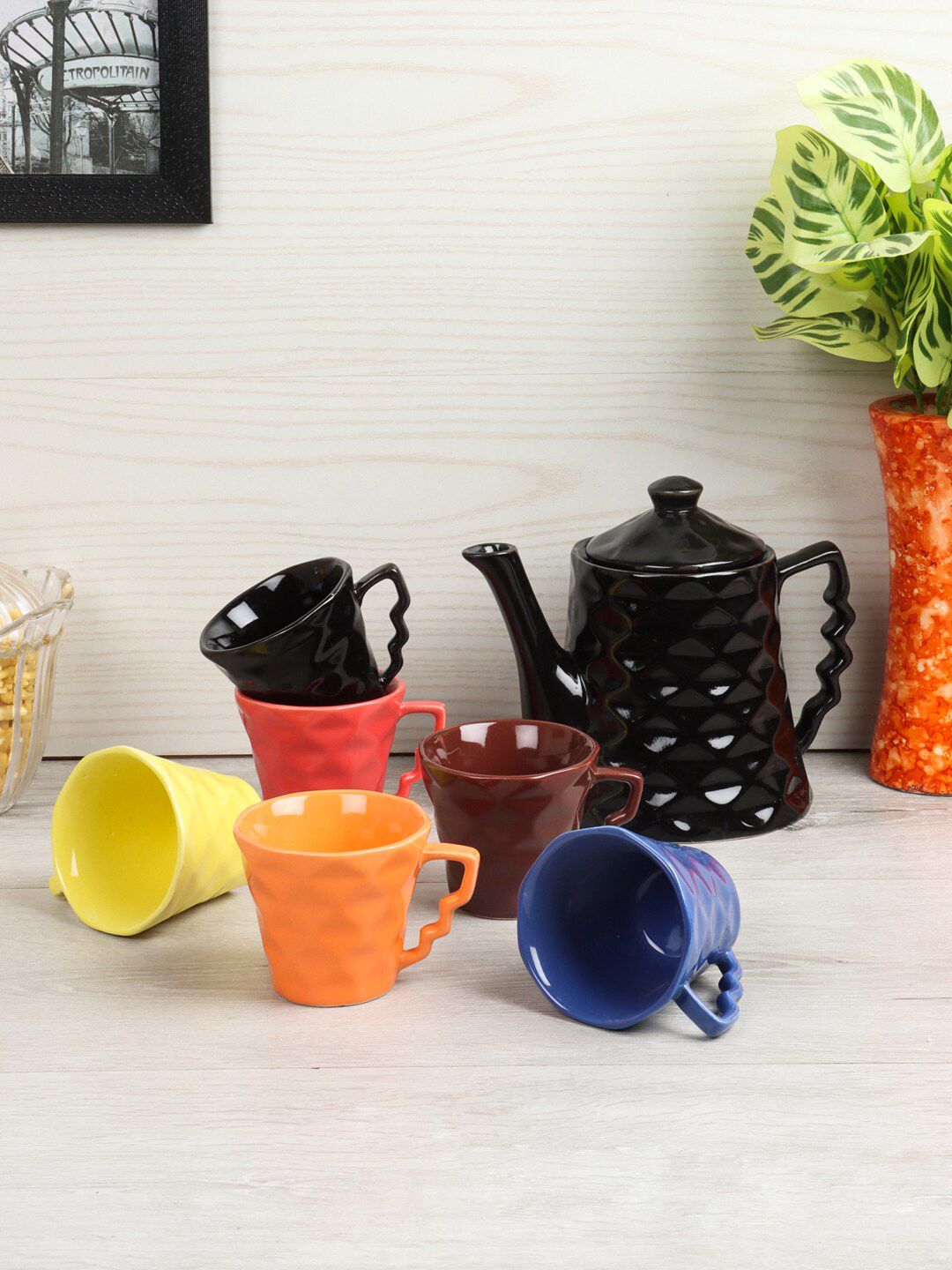 CDI Set of 7 Multi-Coloured Textured Ceramic Glossy Kettle Set Price in India