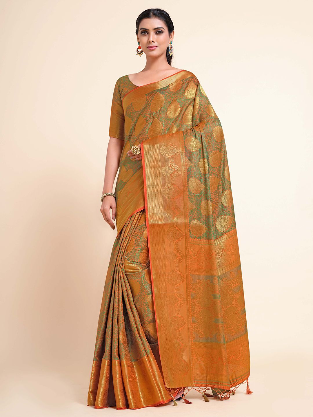 MIMOSA Orange & Gold-Toned Ethnic Motifs Zari Art Silk Kanjeevaram Saree
