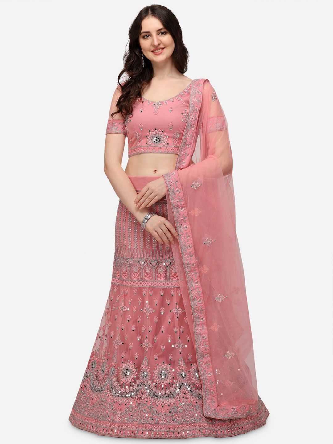 Netram Pink & Silver-Toned Embroidered Mirror Work Semi-Stitched Lehenga & Unstitched Blouse With Dupatta Price in India
