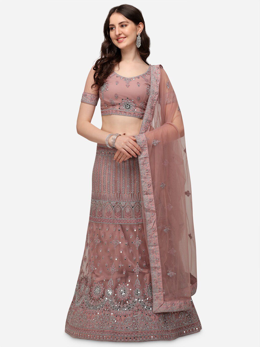 Netram Lavender & Silver-Toned Semi-Stitched Lehenga & Unstitched Blouse With Dupatta