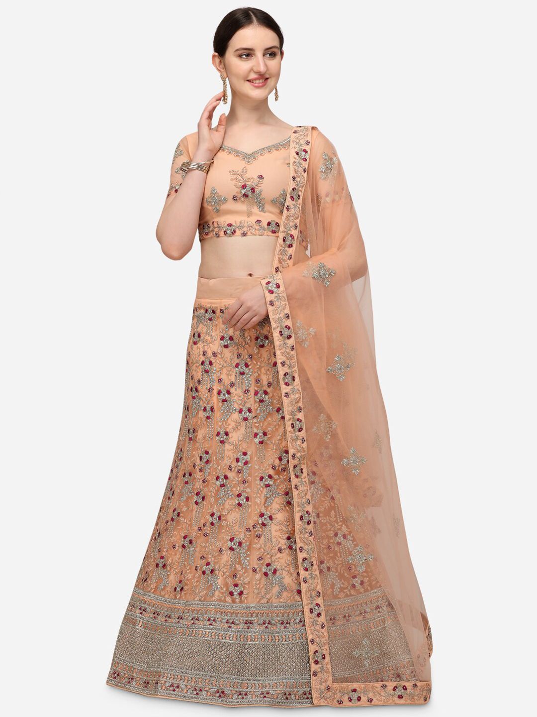 Netram Peach-Coloured & Silver-Toned Embroidered Semi-Stitched Lehenga & Unstitched Blouse With Dupatta Price in India