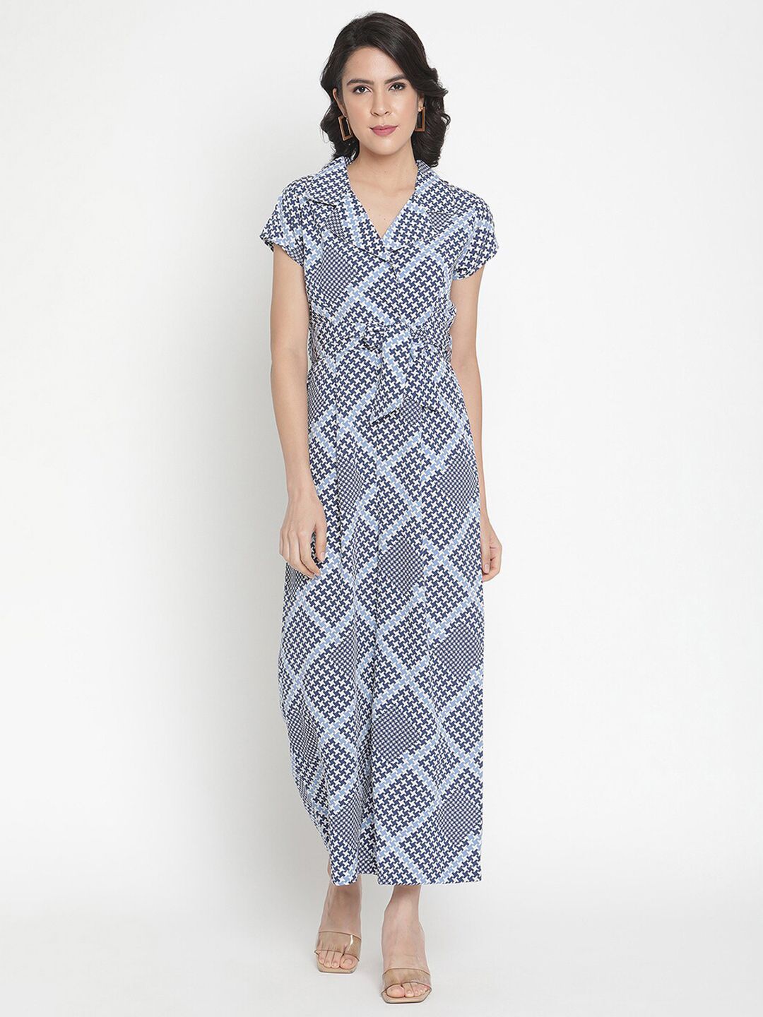 THREAD MUSTER Blue & White Printed Basic Jumpsuit Price in India