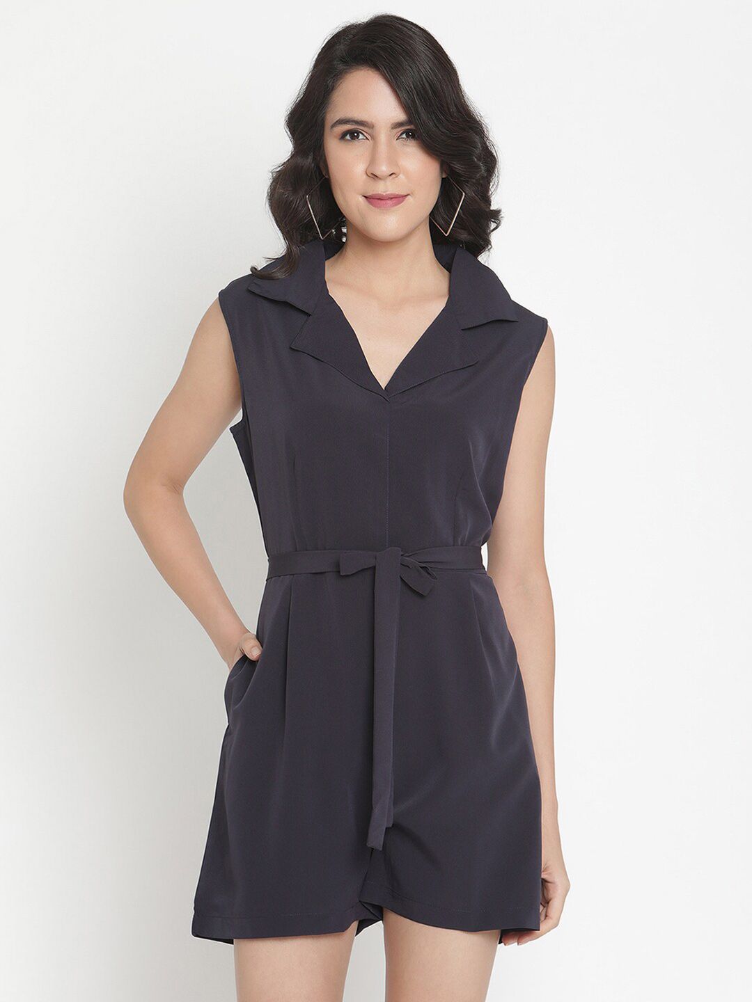 THREAD MUSTER Navy Blue Solid Playsuit Price in India