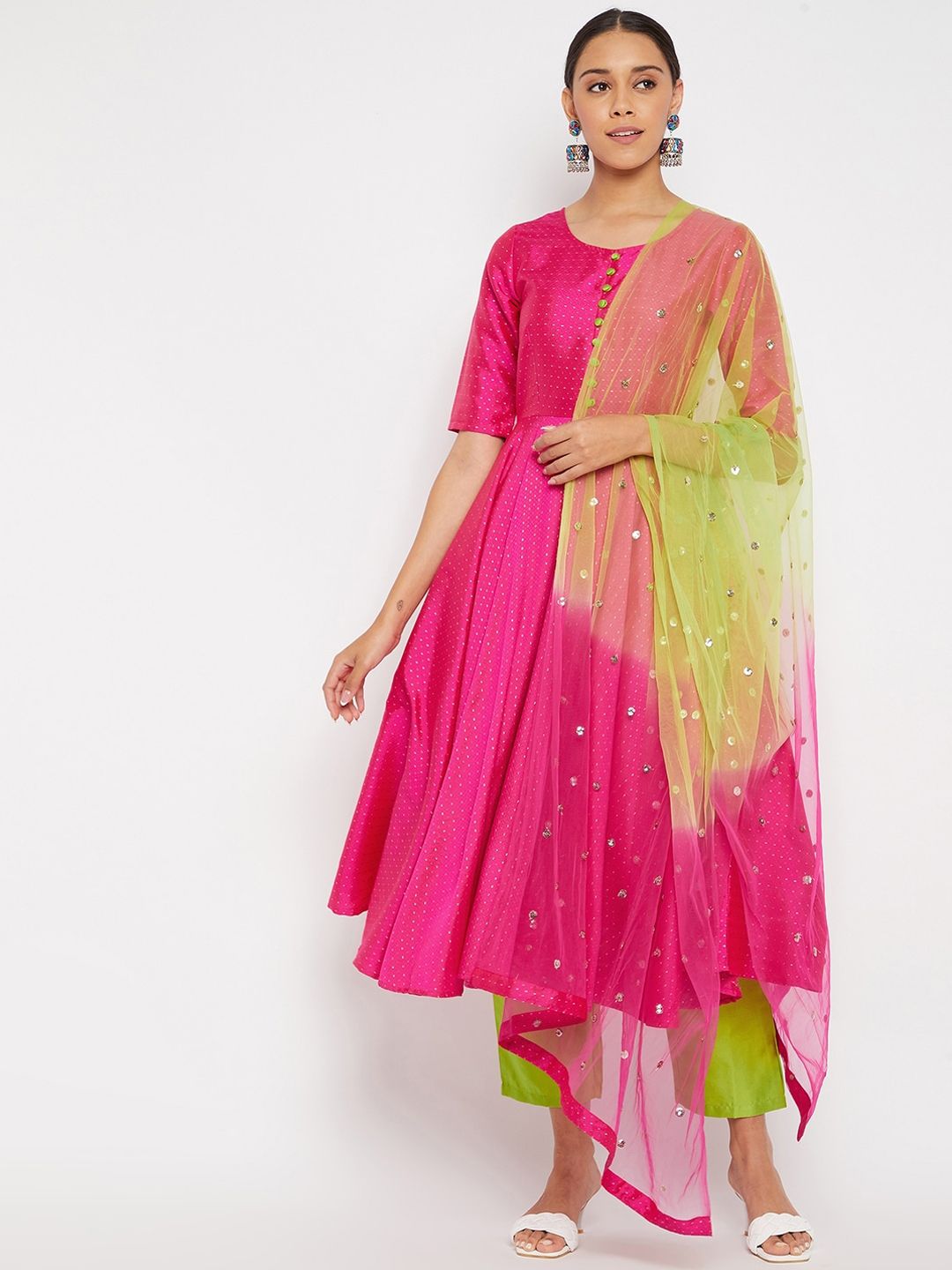 PANIT Magenta & Green Embellished & Woven Designed Anarkali Kurta with Trousers & Dupatta Price in India